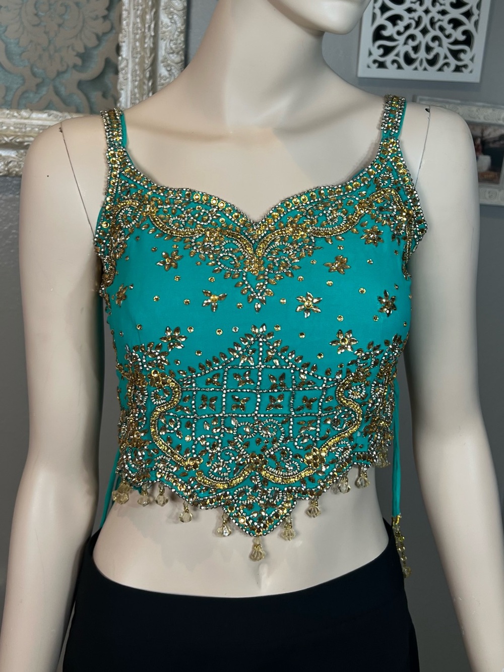 Embellished Teal Beaded Crop Top - Women